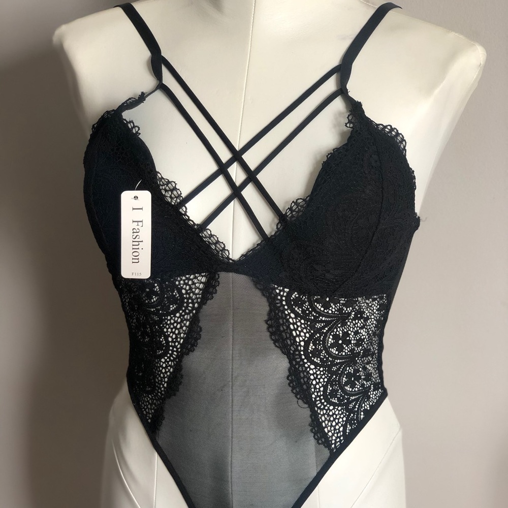 Nanamacs black lace bodysuit.